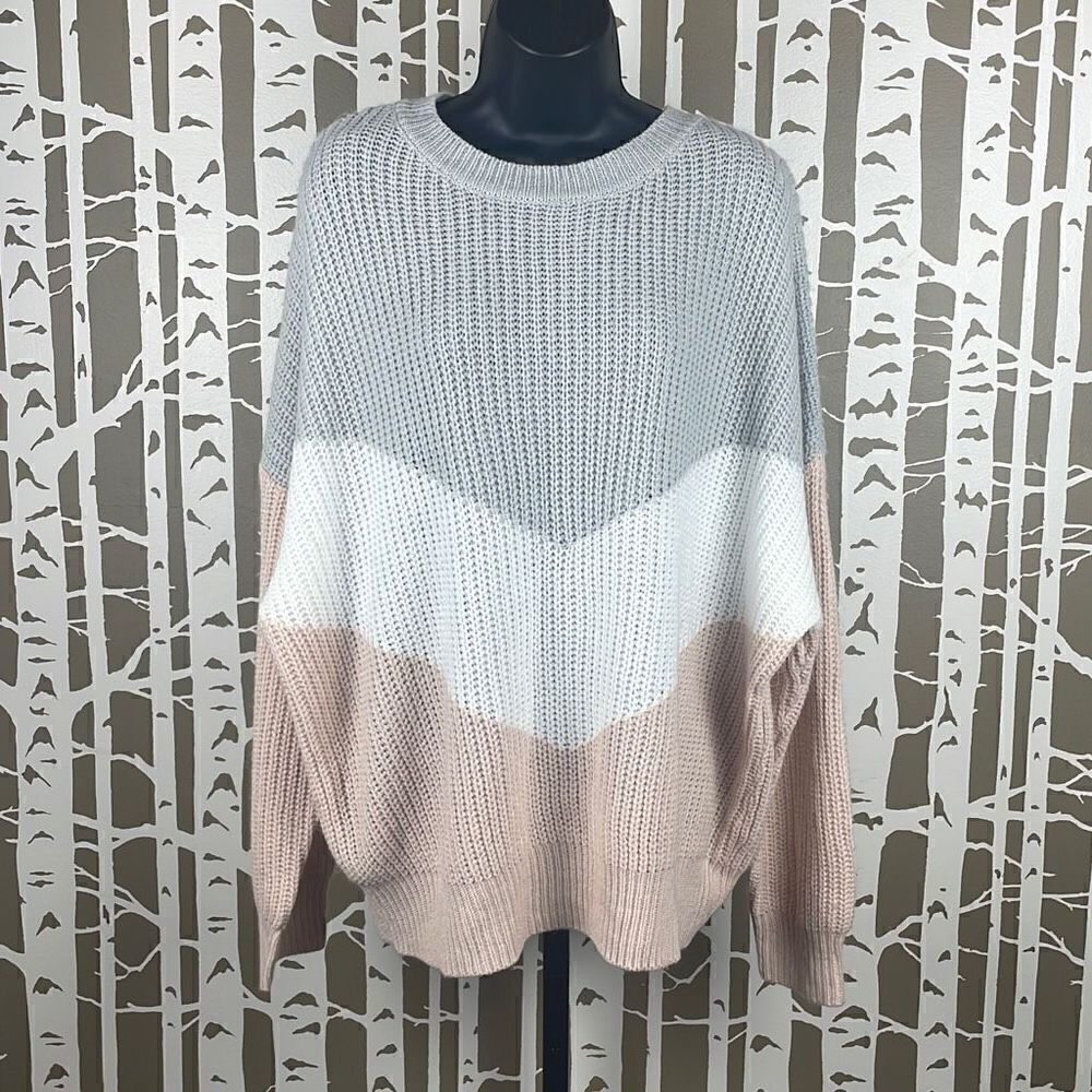 Chevron Cable Knit Crewneck Sweater XL Blush, Gray, White